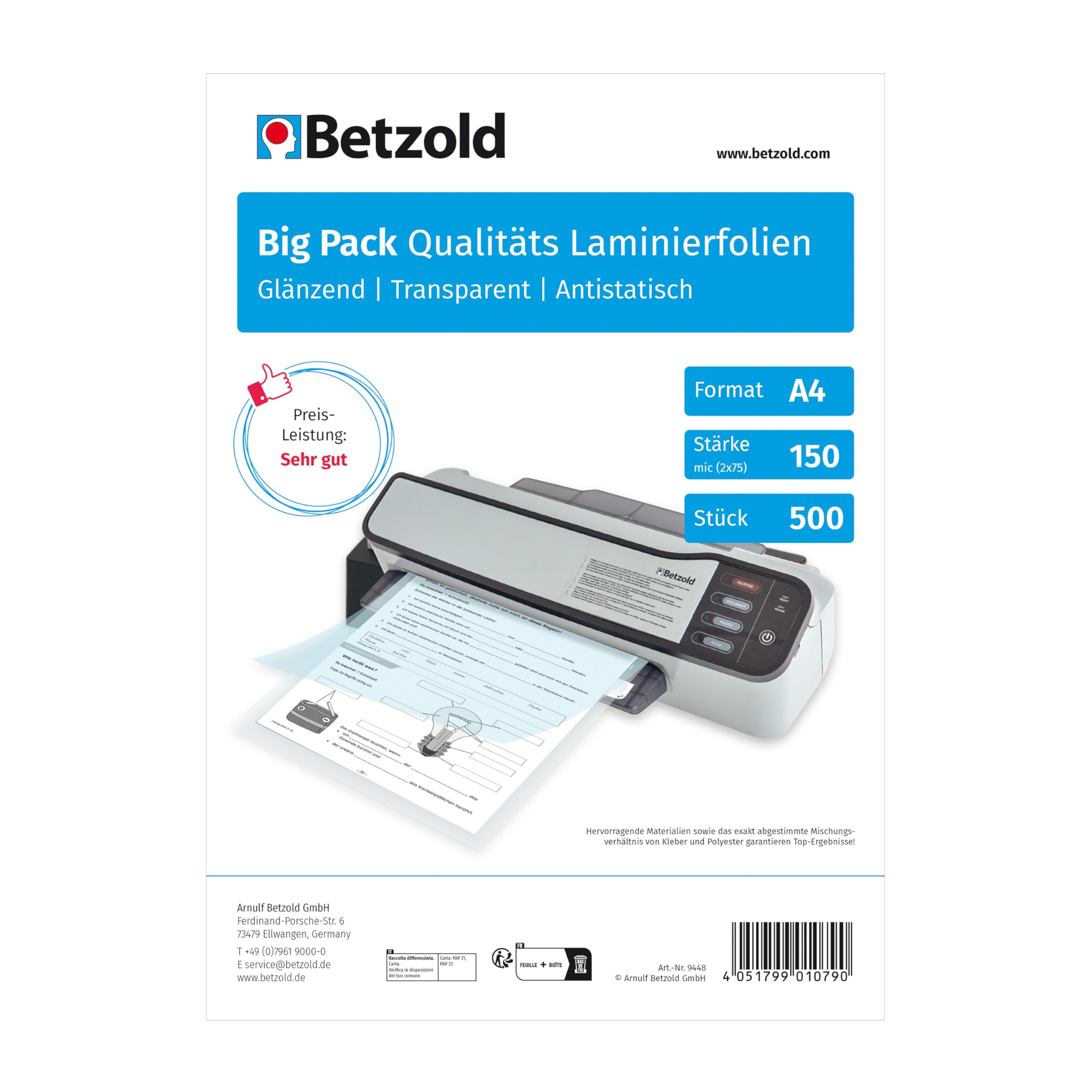 Betzold Laminierfolien DIN A4, 150 mic - 500 Stück Big-Pack Laminiertaschen