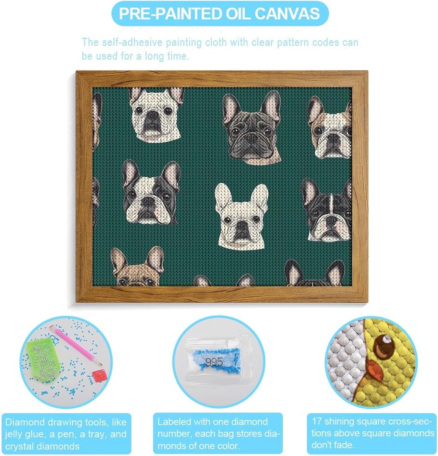 French Bull Dogs Printed Diamond 5D Painting Kit 16x20in DIY Full Drill Craft with Tools for Home Wall Decor Gift Yellow Wood 50 * 40cm