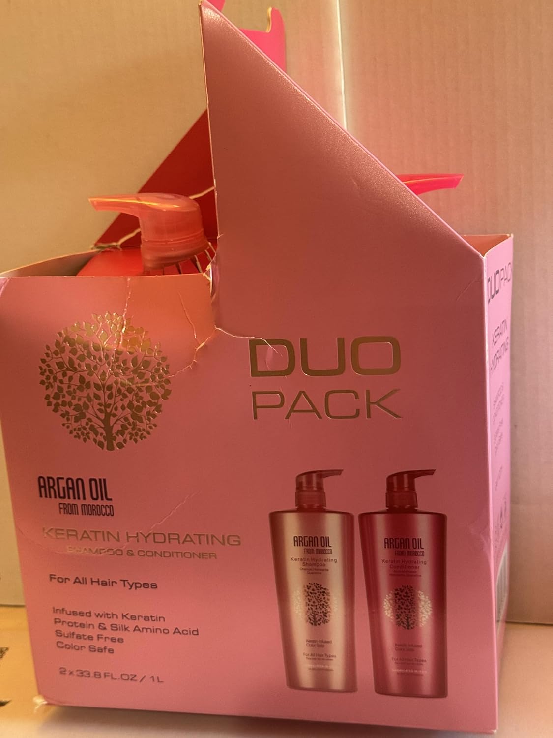 Argan Oil Duo Pack Keratin Hydrating Shampoo & Conditioner, Sulfate & Silk Amino Acid, All Hair Types, 2 x 33.8 FL OZ / 1L