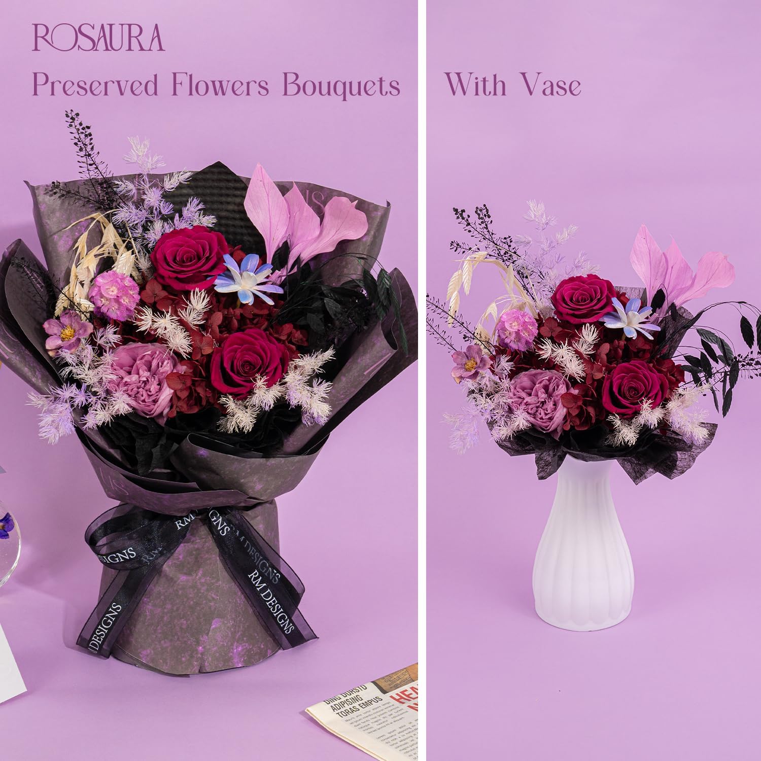 Rosaura Preserved Flowers Bouquets, Natural Real Roses for Delivery Prime, Forever Rose Bouquets Valentine's Day, Mother's Day, Christmas, Birthday Gifts-Dark Purple (with vase) - Image 6