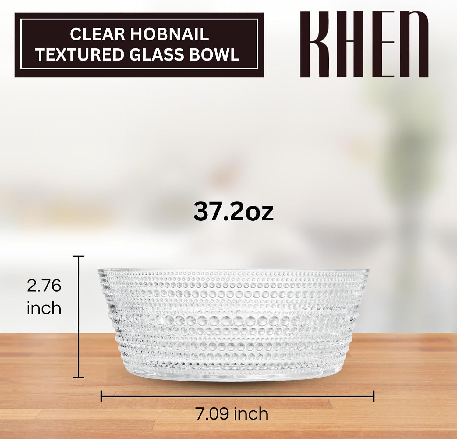 Khen Hobnail Glass Bowl Breaded Clear Borosilicate Decorative Tableware for Fruit, Salad or Centerpiece Display, Vintage Style 7 Inch Round Dish Ideal for Dining Table, Coffee Table or Kitchen Use