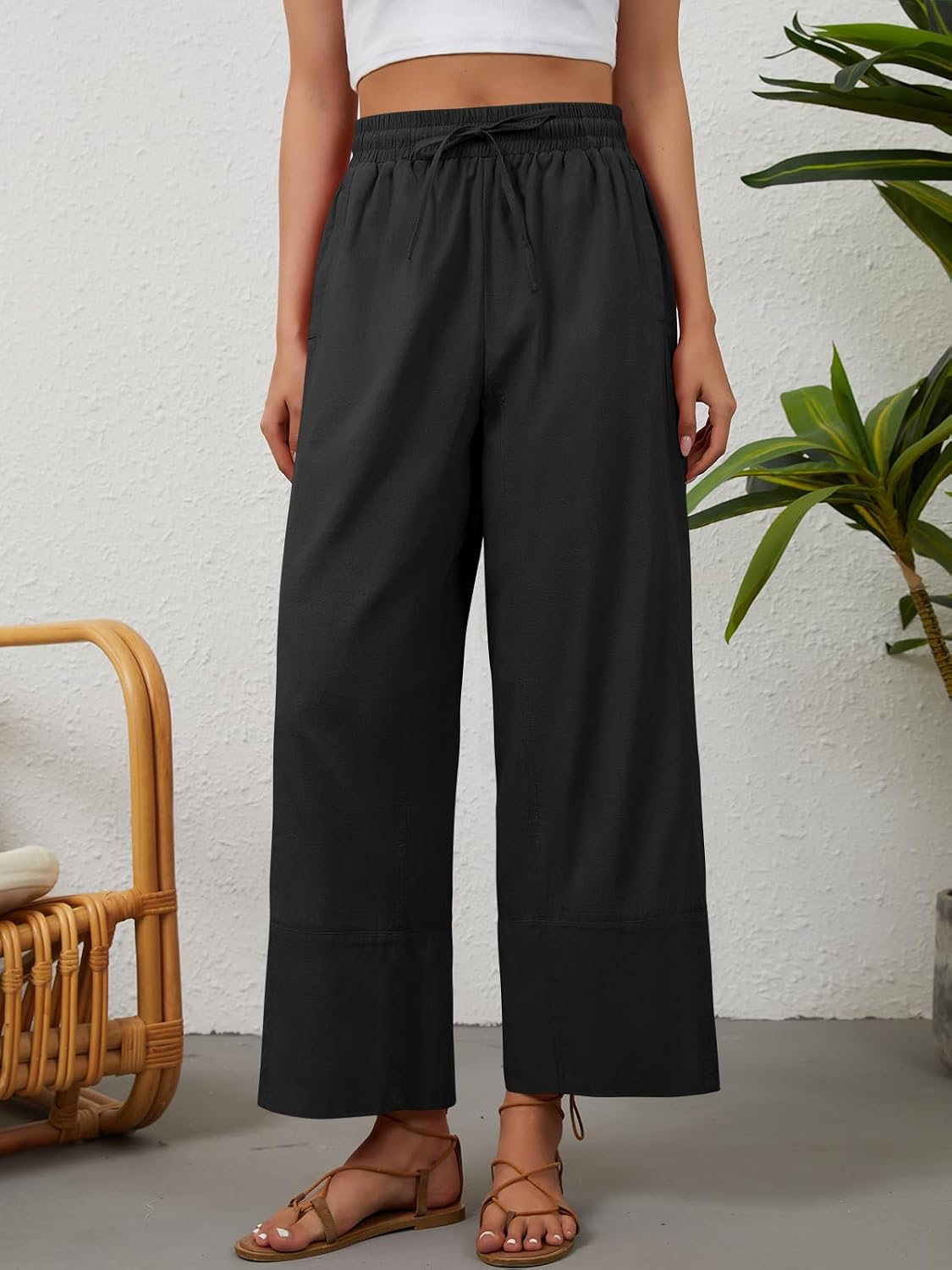 Womens Cotton Linen Pants Wide Leg Summer Trousers with Pockets | Boho Loose Fit, Drawstring Waist, Long Lounge Trousers