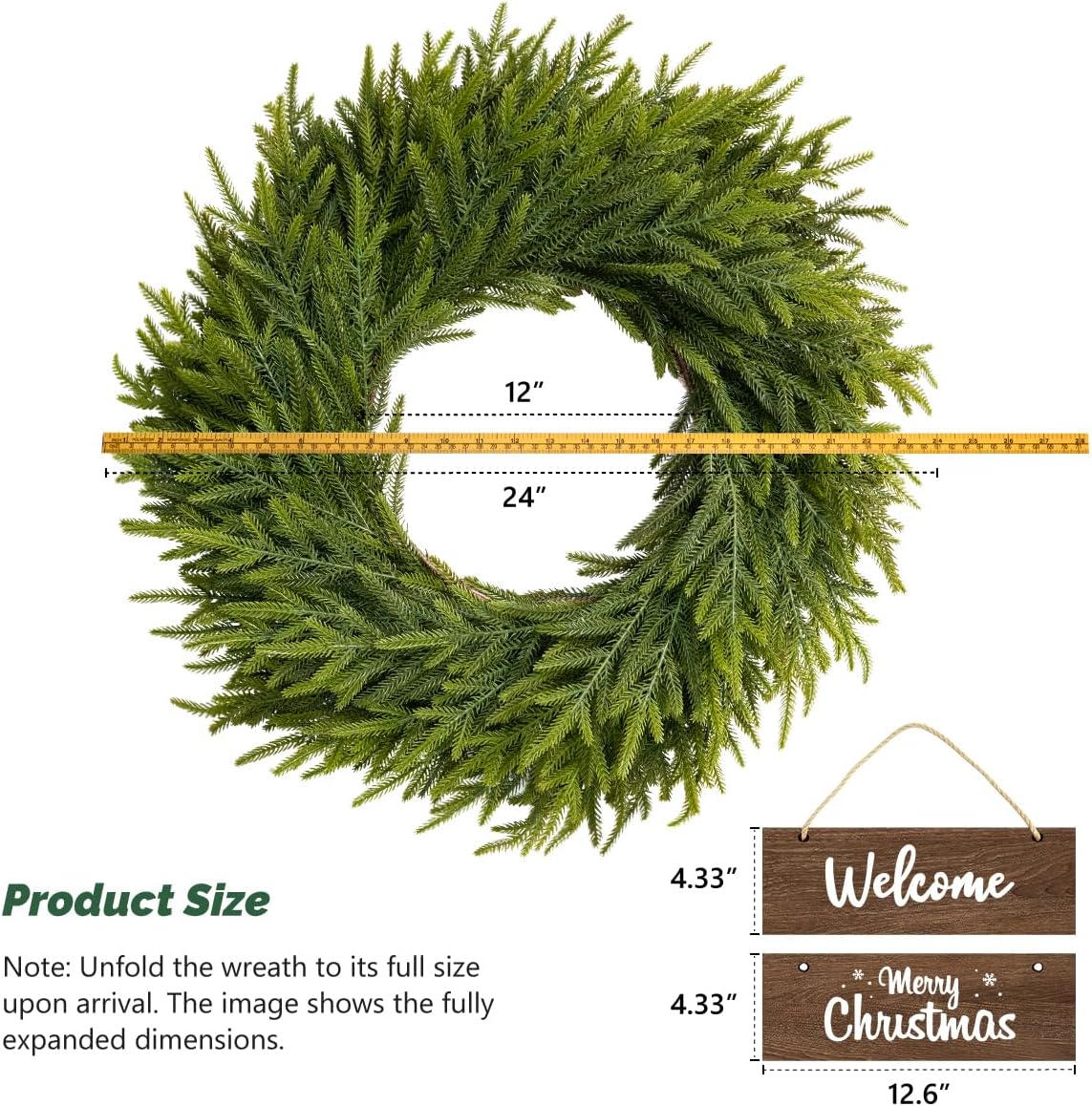 24 Inch Real Touch Winter Wreath for Front Door - Large Green Norfolk Pine Wreaths for Door Window Porch Wall Indoor Outdoor Decor, Artificial Holiday Plain Modern Farmhouse Wreath - Image 5