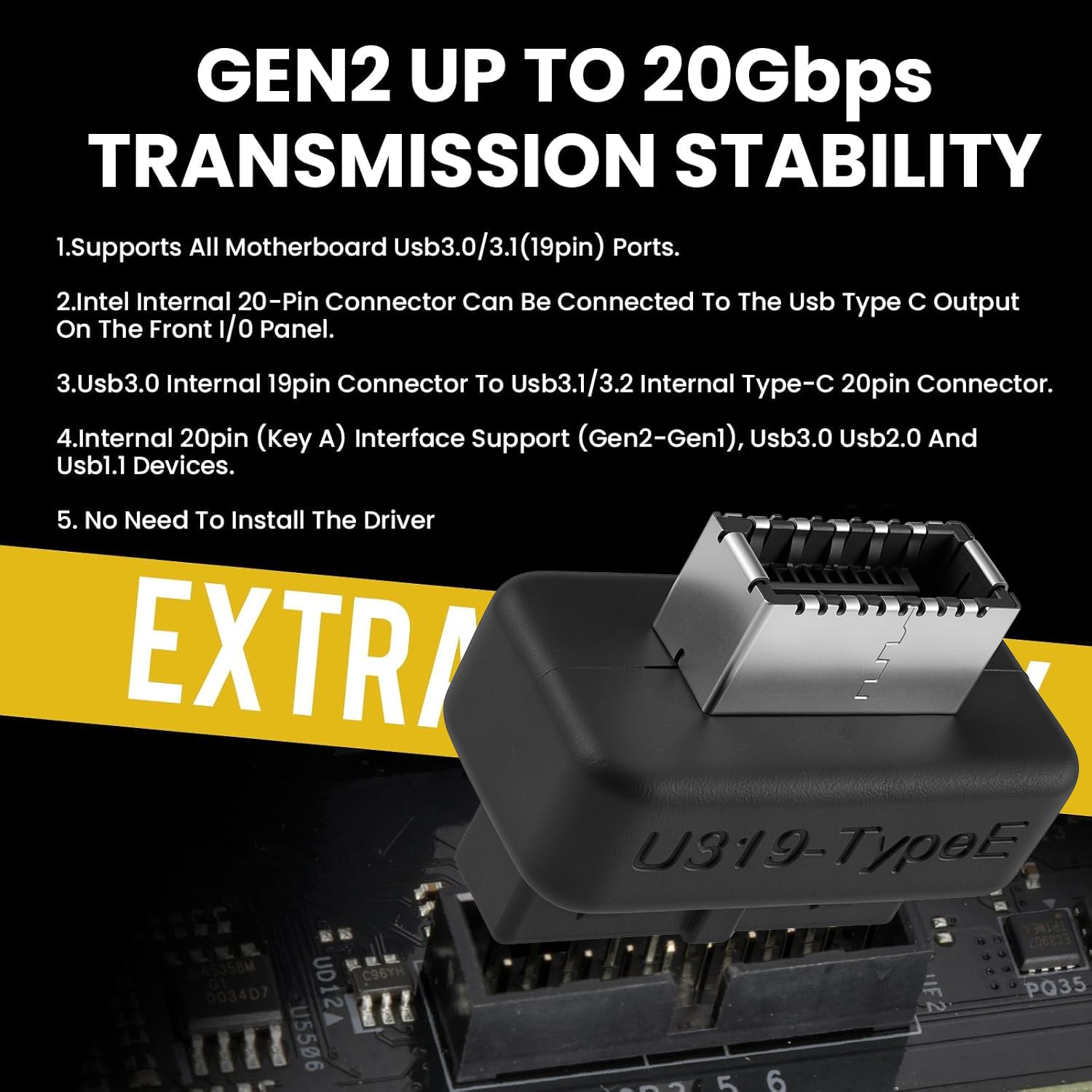 Adaptador de cabecera USB 3.2 Gen 1 a USB 3.2 Gen 2, adaptador interno vertical USB de panel frontal para placa base de PC, USB 3.0 a tipo E/USB C de 19 pines (2 piezas)