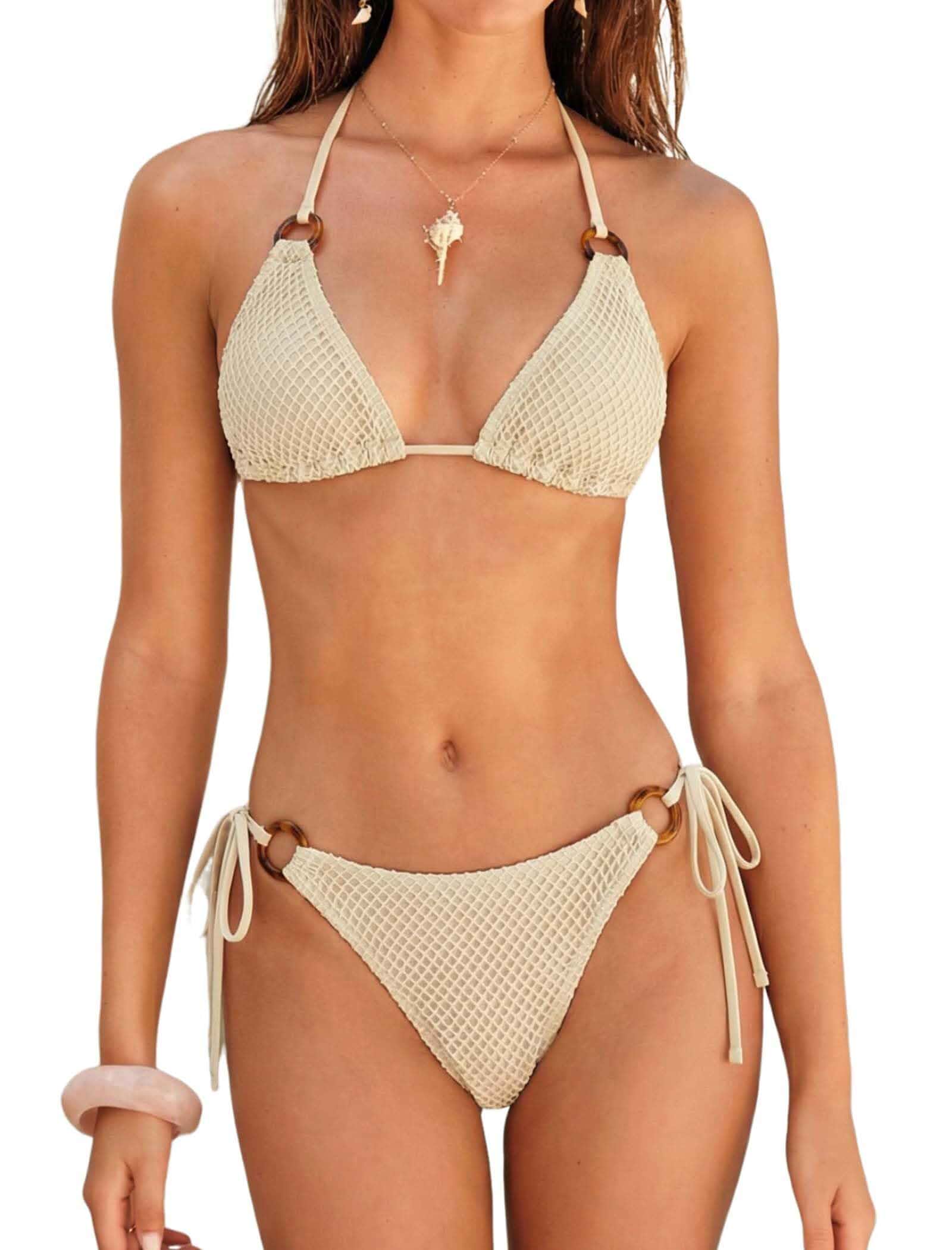 ZAFUL Triangle Bikini Sets for Women Sexy Halter String O Ring Swimsuits O Ring Textured Triangle Bikini Sets, Cute Sexy Tie Side, Halter String Bikini, Boho Two Piece Bathing Suit