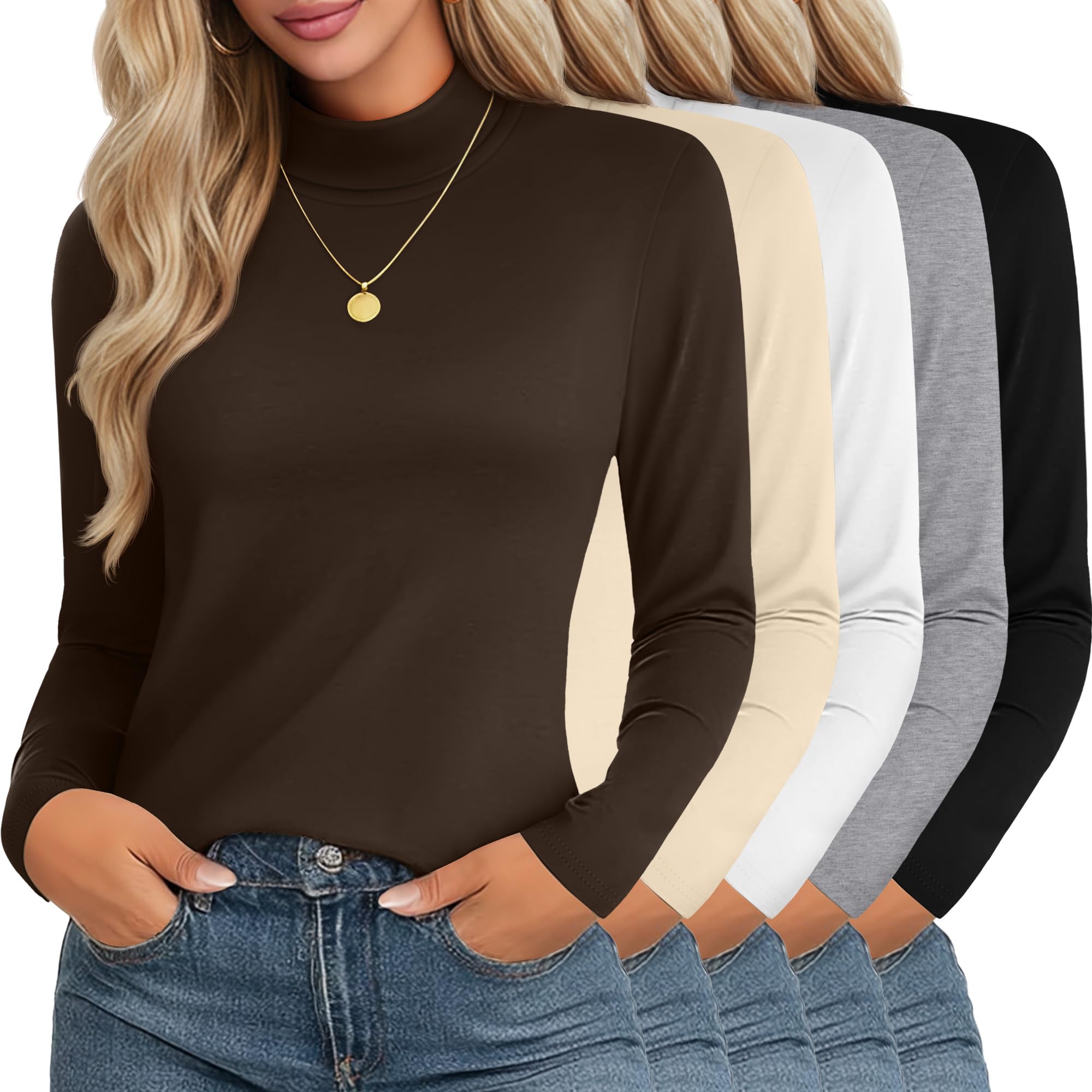 Neer Confezione da 5 magliette da donna a collo alto a maniche lunghe, in cotone termico, per autunno e inverno, confezione multipla