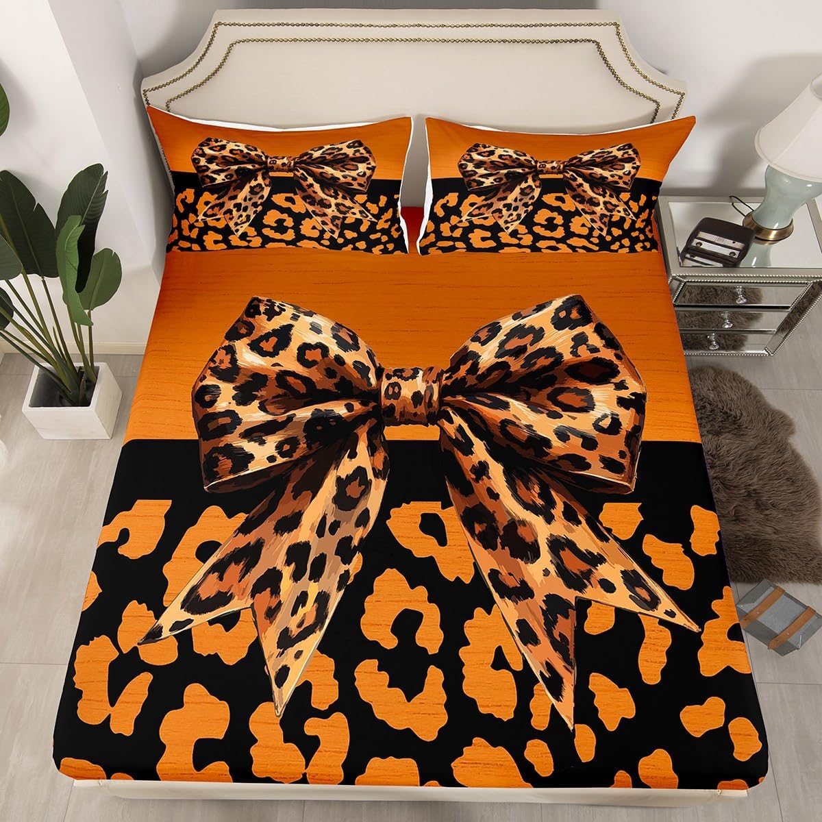 Cartoon Cheetah Fitted Sheet,Black Leopard Print Plaid Stripes Bedding Set for Kids Teens Adults,Cute Wild African Animals Decor Bed Sheet with 2 Pillowcases(No Top Sheet),Queen Size 3 Pcs