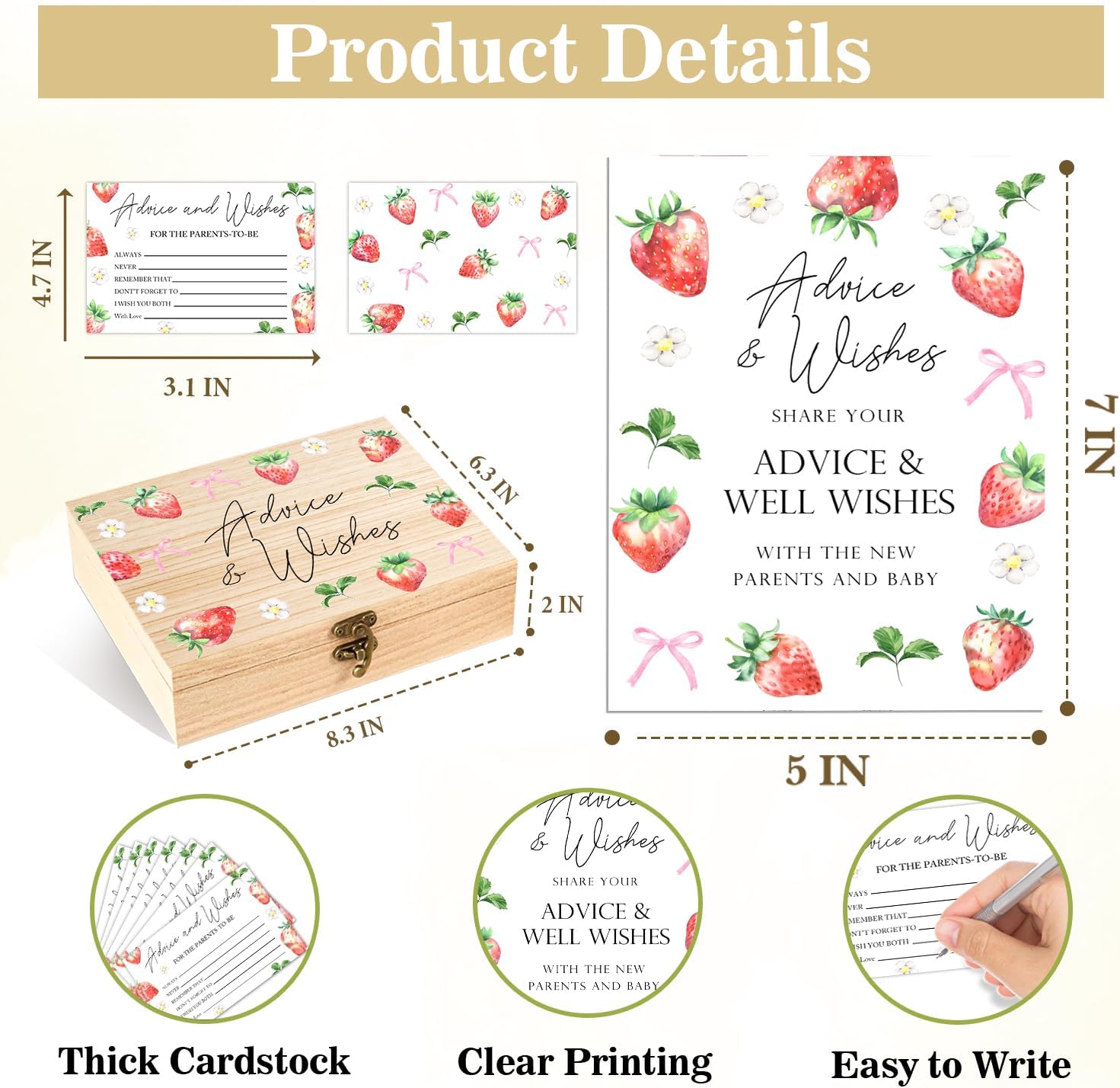 Strawberry Bow Baby Shower Advice Cards Box, Babies Party Decor Gifts, Baby Shower Wishes and Advice Card Boxes for Babies Party, 50 Double Sided Strawberry Cards, Wooden Advice Boxes for New Parents image 2