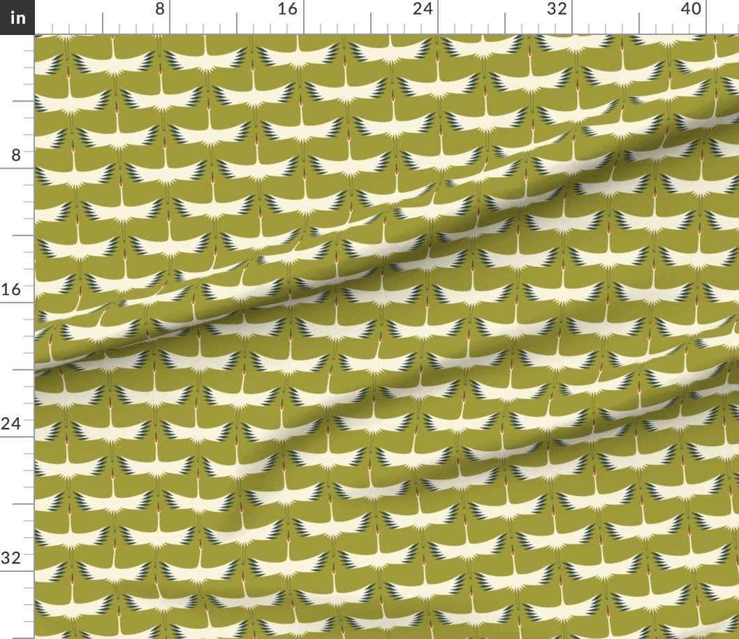 Spoonflower Fabric - Art Deco Crane Avocado Green Creme Whooping Retro Vintage Flying Bird Printed on Petal Cotton Fabric Fat Quarter - Sewing Quilting Apparel Crafts Decor