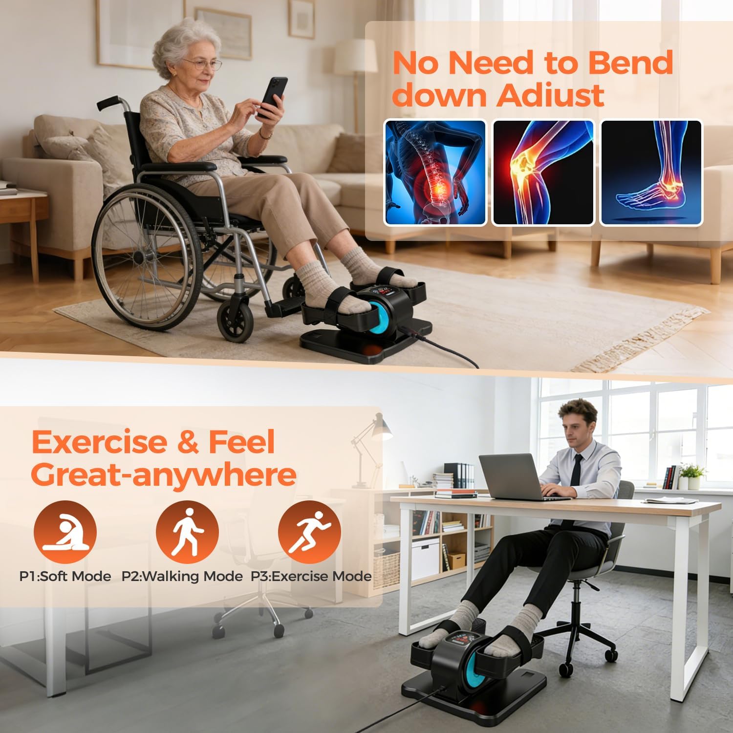 ESL Under Desk Elliptical - Portable Leg Exerciser with Pedal Strap for Seniors, Compact Seated Elliptical with Remote Control, LCD Display Electric Elliptical