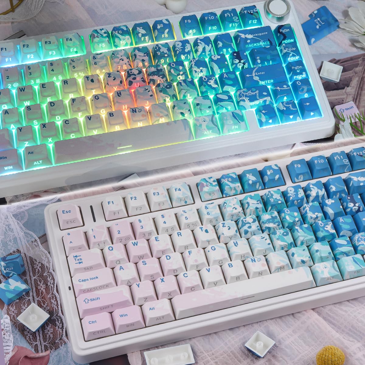 PBT Keycaps 128 Keys Pink Beach Keycaps, Double Shot Shine Through Side Printed Keycap, Cherry Profile Dye Sub Keycap for Cherry MX Switch ISO QWERTZ Layout Meccanical Keyboard