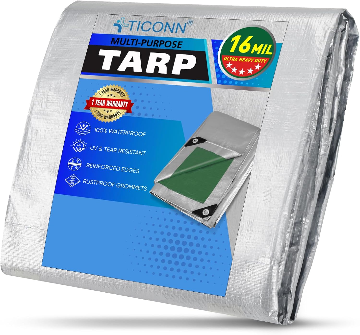 TICONN Heavy Duty Tarp Cover, Extra Thick Tarps Waterproof Tear and Rip