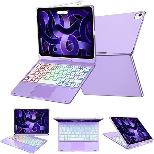 KVAGO Keyboard Case for iPad Air 5th/4th Gen 2022/2020, iPad Pro 11 inch 4th Generation 2022 / iPad Pro 11" 2021/2020/2018, Smart Trackpad, Backlight, 360° Rotatable Keyboard with Pencil Holder,Purple