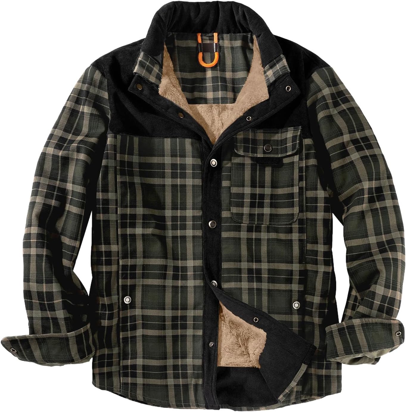 Men's Warm Plaid Shirt Jacket Retro Cotton Windbreaker Stand Collar Fleece Lined Coat