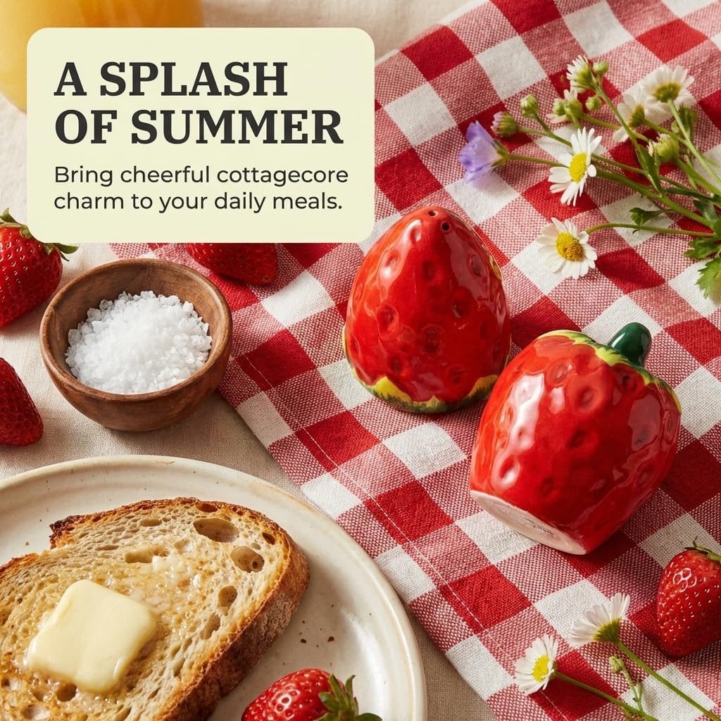 Strawberry Salt and Pepper Shaker Set, Ceramic, Compact 2.36" Tall, with Removable Silicone Stoppers