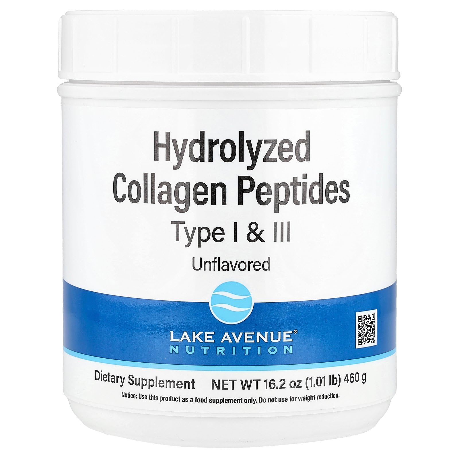 Lake Avenue Nutrition Hydrolyzed Collagen Peptides, Type I & III, Unflavored, 1.01 lb (460 g)