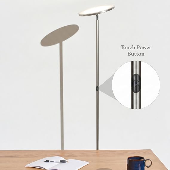 Brightech Sky Flux Dimmable LED Floor Lamp Super Bright Floor Lamp with 3 Light Modes for Living Room, Office Torchiere Standing Touch-Lamp, Tall Torch Lamp for Bedroom & Reading - Nickel