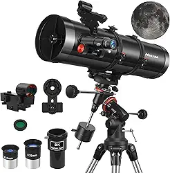 Telescópio refletor MEEZAA 150 EQ para adultos iniciantes em astronomia, profissionais, equatoriais, manuais de astronomia com lentes Barlow 2x, adaptador de telefone, tripé ajustável e filtro de lua