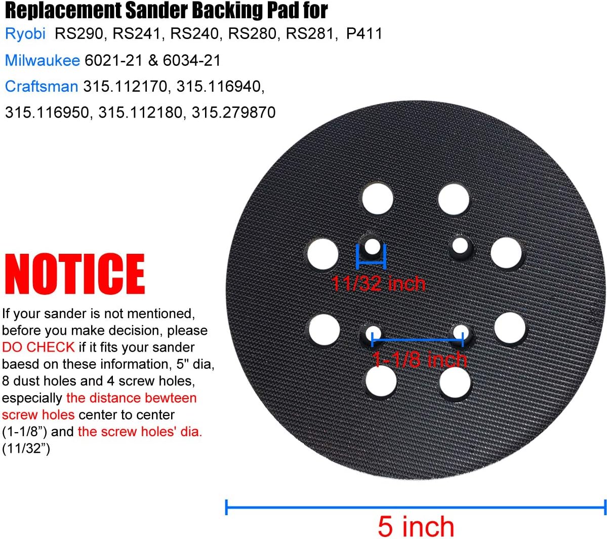 5-Inch Hook and Loop Backing Pad Replacement Sander Pad for Ryobi RS290, RS280, P411, Milwaukee 6021-21 & 6034-21, Craftsman 315.112170,315.116940