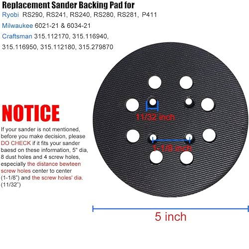 Miniatura 2 de Almohadilla de lijadora de repuesto de gancho y bucle de 5 pulgadas para Ryobi RS290, RS280, P411, para Craftsman 315.112170,315.116940