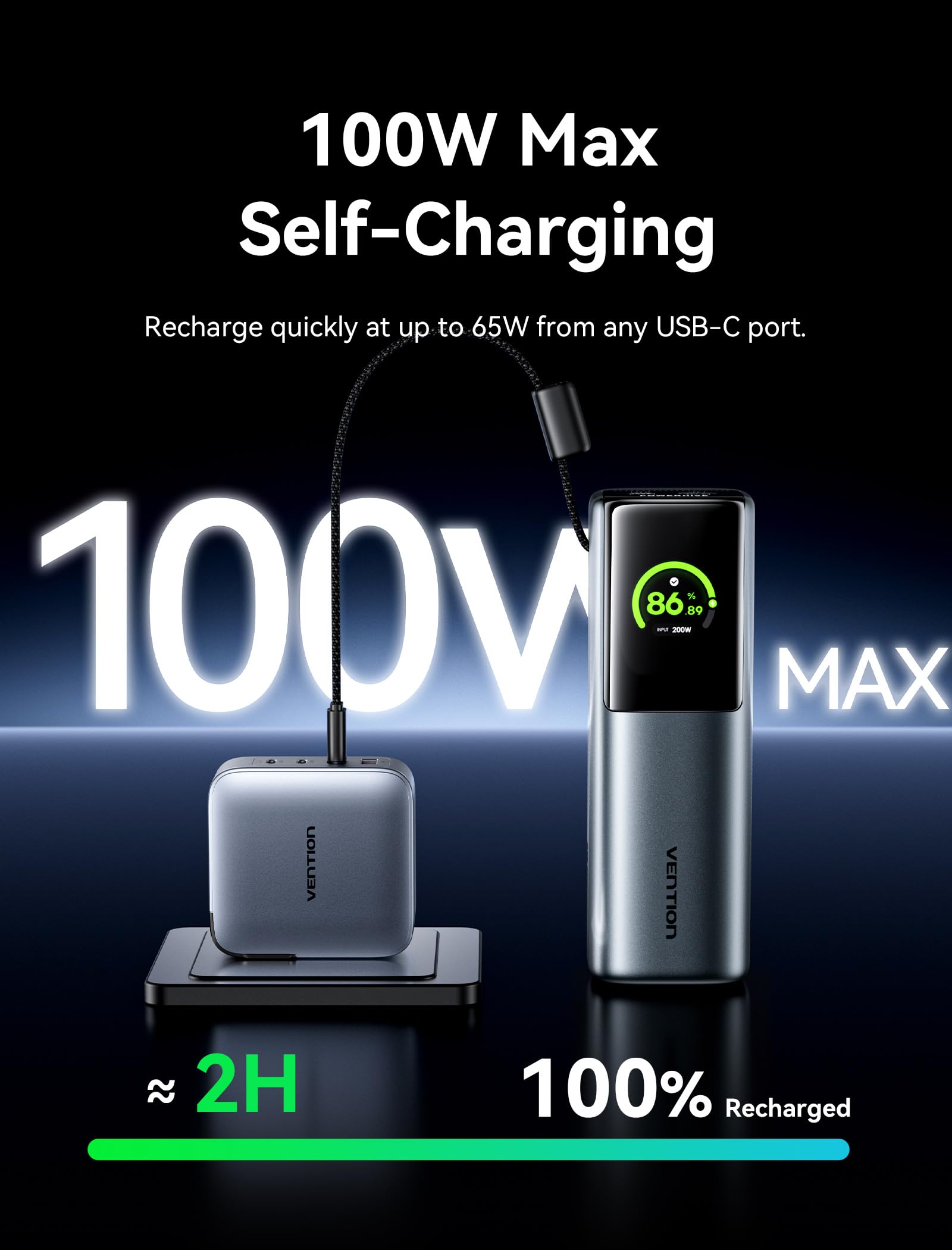VENTION Power Bank 27000 mAh 200W, batería Externa Carga rápida con Pantalla Digital y animación Emoji, Cable USB-C Integrado, 2× USB-C + USB-A, para MacBook Pro, DELL/HP, iPhone 17/16/15, Galaxy