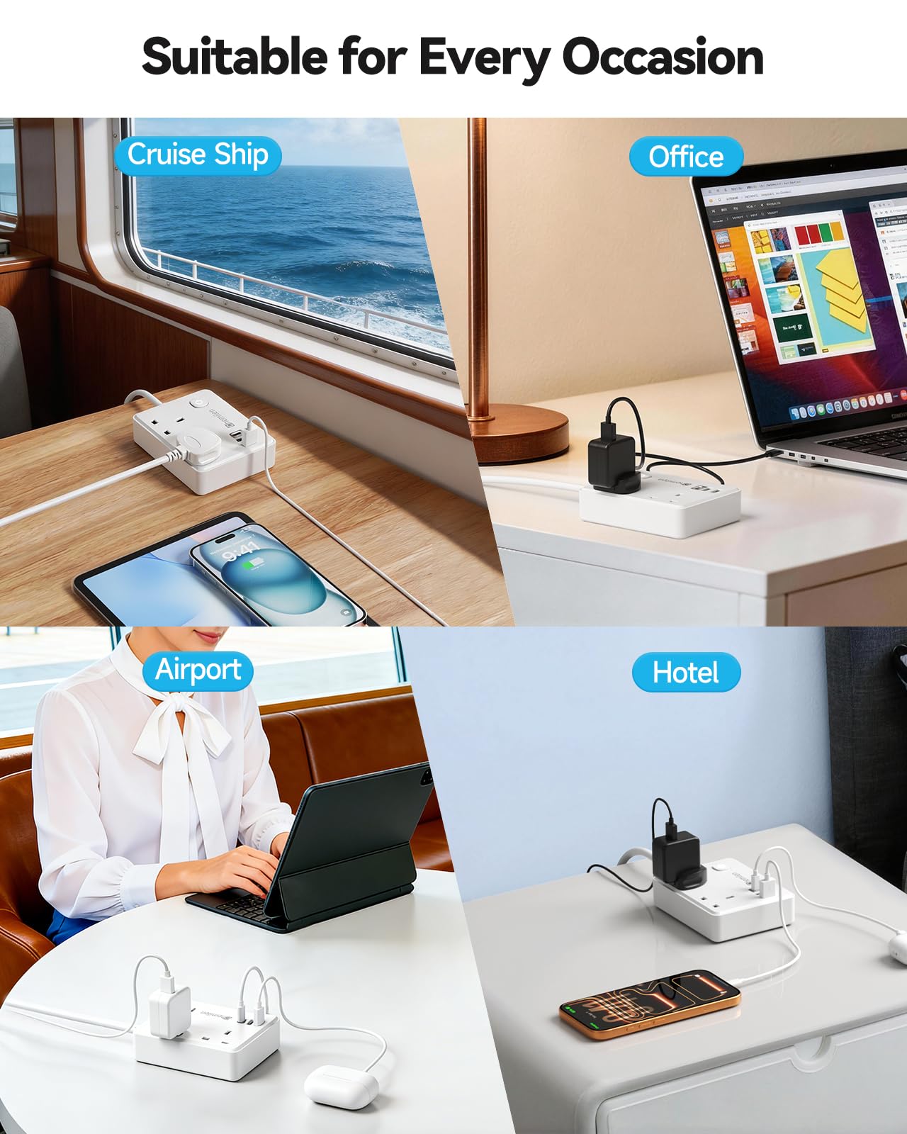 UK to US Plug Adaptor 2 UK Outlets & 3 USB Ports, US Adapter Travel from UK with 1.5M Extension Cable for American, Mexico, Canada, Thailand and More(Type B) — view 7