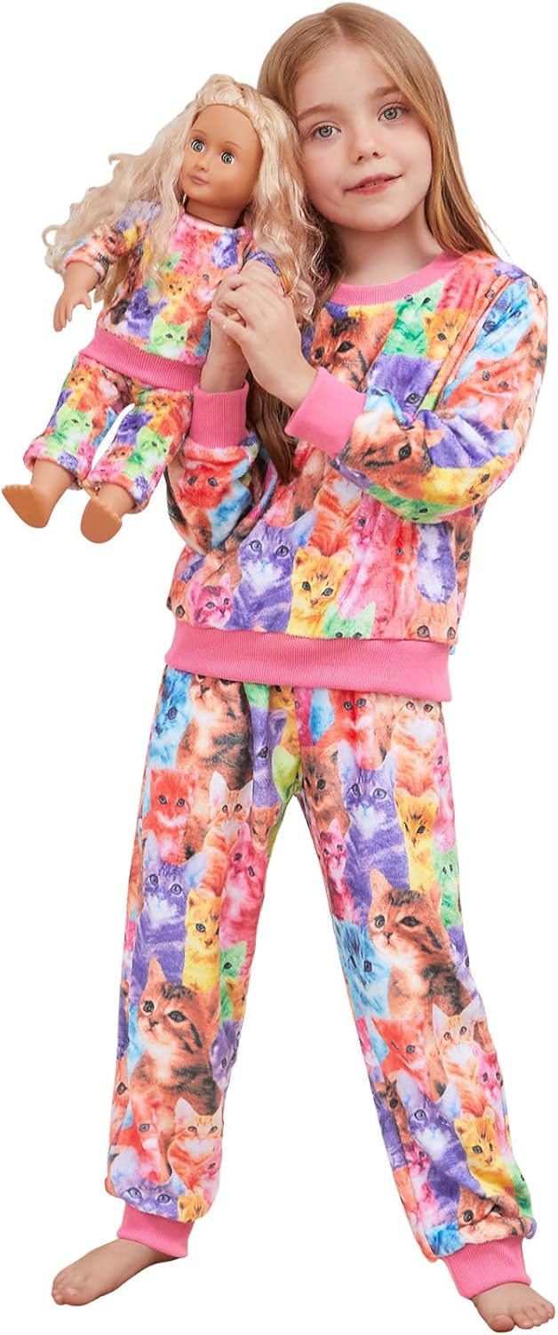 QPANCY Matching Doll & Girls Fleece Pjs Set kids Fall Winter Long Sleeve Sleepwear 2 Piece Pajamas