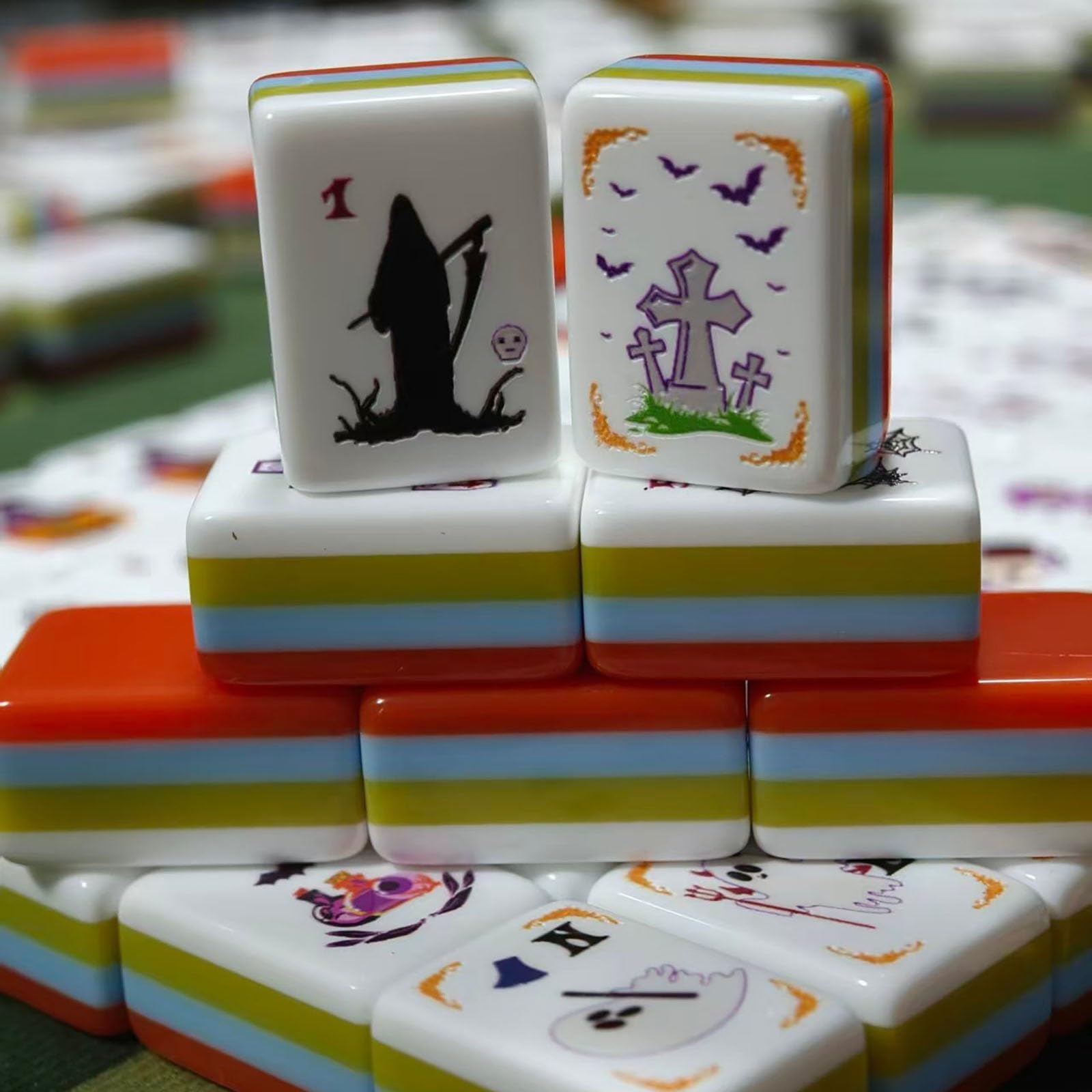 Amerykański zestaw Mahjong, upiorne słodkie płytki tematyczne Halloween | Znaki narożne z literami i cyframi, gra planszowa w standardowym rozmiarze 160 płytek dla 4 dorosłych graczy