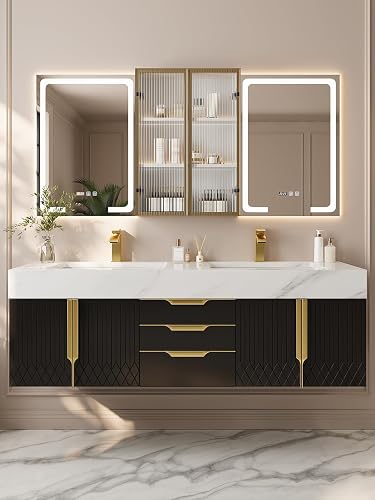Homary 60 Inch Floating Bathroom Vanity Double Sink with Sintered Stone Top Modern Black Wall Mounted