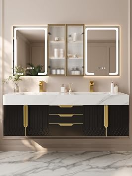 homary 60 inch Floating Bathroom Vanity with Double Sink, Modern Sintered Stone Top, Ample Storage for Master Bathroom, Black