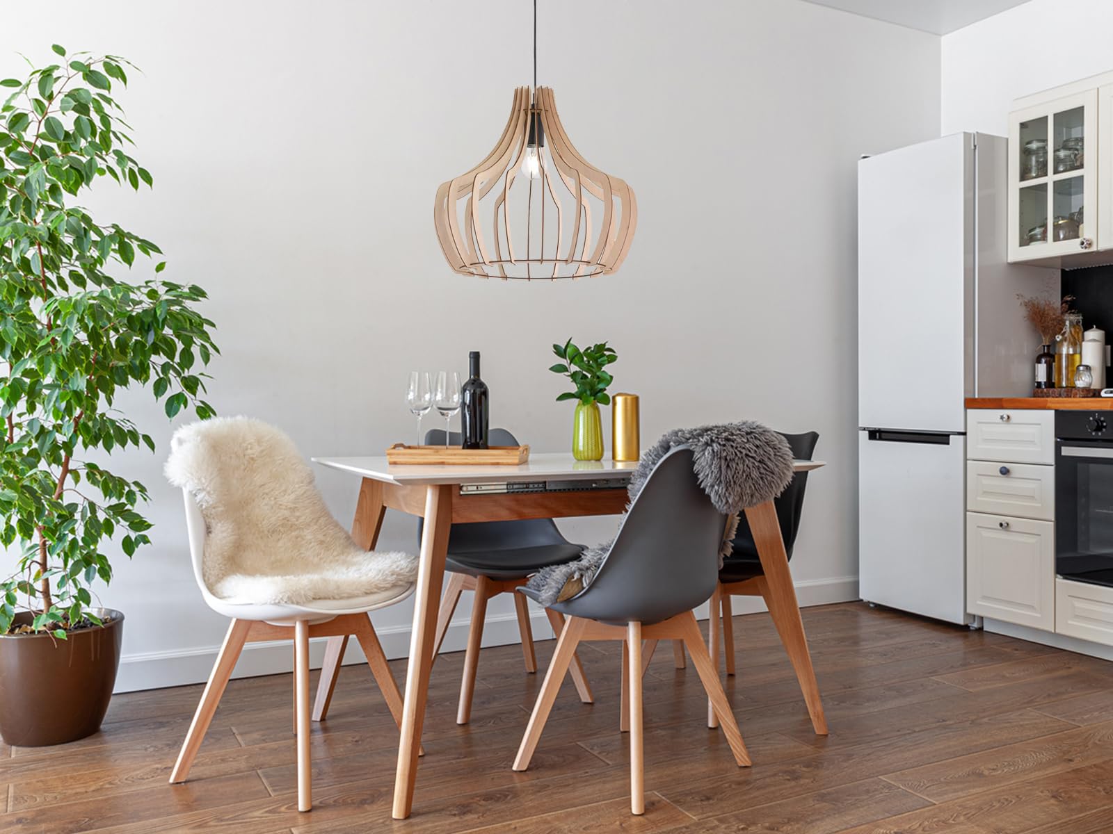 Reality Leuchten R30253830 Wood A++ to E, Pendelleuchte, Holz, E27, Holzfarben/Schwarz, 44 x 44 x 150 cm