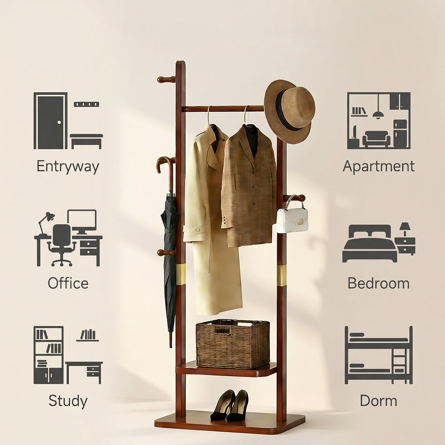 Solid Wood Coat Rack Freestanding, Heavy Duty Clothing Rack Stand, 2 Shelves 5 Hooks, Walnut Wood Clothes Rack for Entryway Bedroom,Living Room, Office Hotel (Bonus Hanger Pants Clip & Storage Basket)