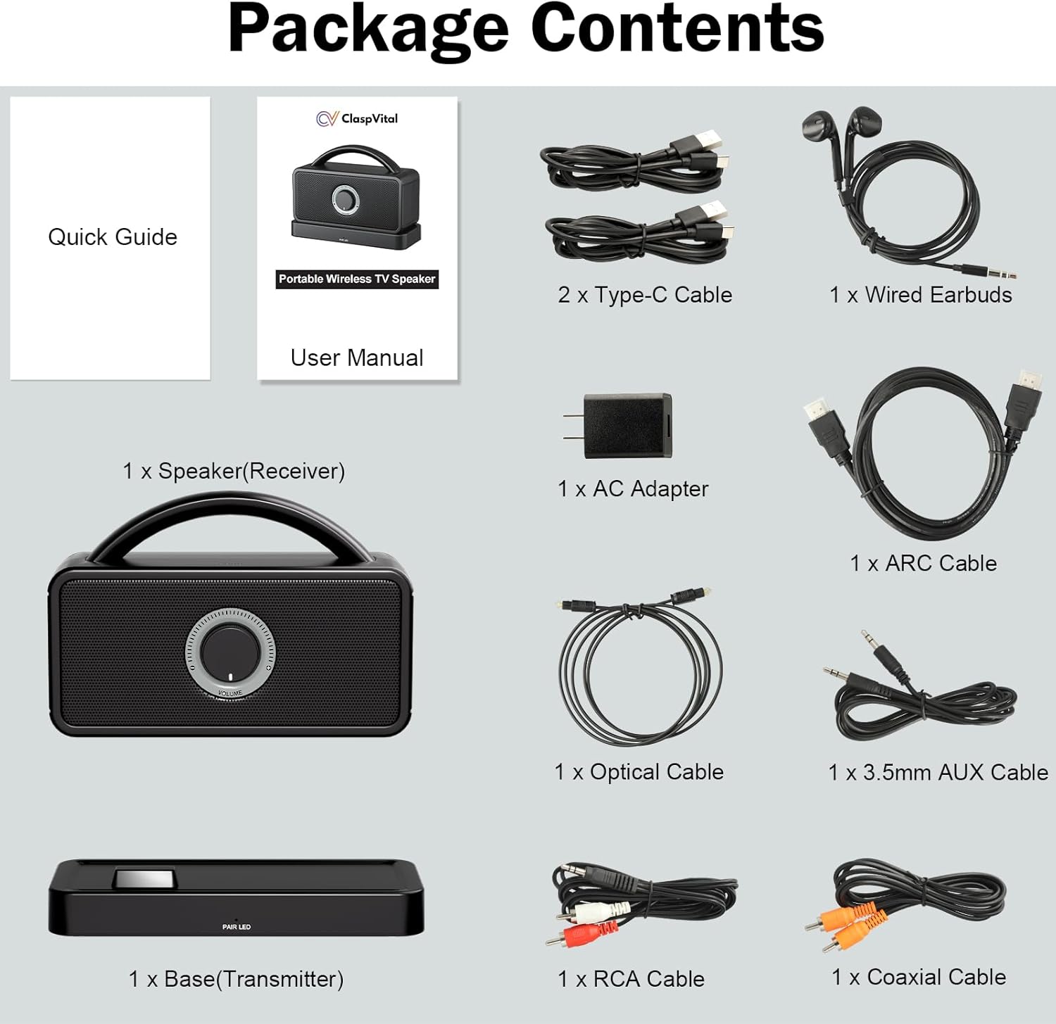 5.8Ghz Wireless Speakers for TV, 30-hrs Playtime, Portable TV Speakers for Hard of Hearing Seniors, 50 ft Range Compatible with ARC, Opt, AUX, USB, Coax Port (Cables Included)