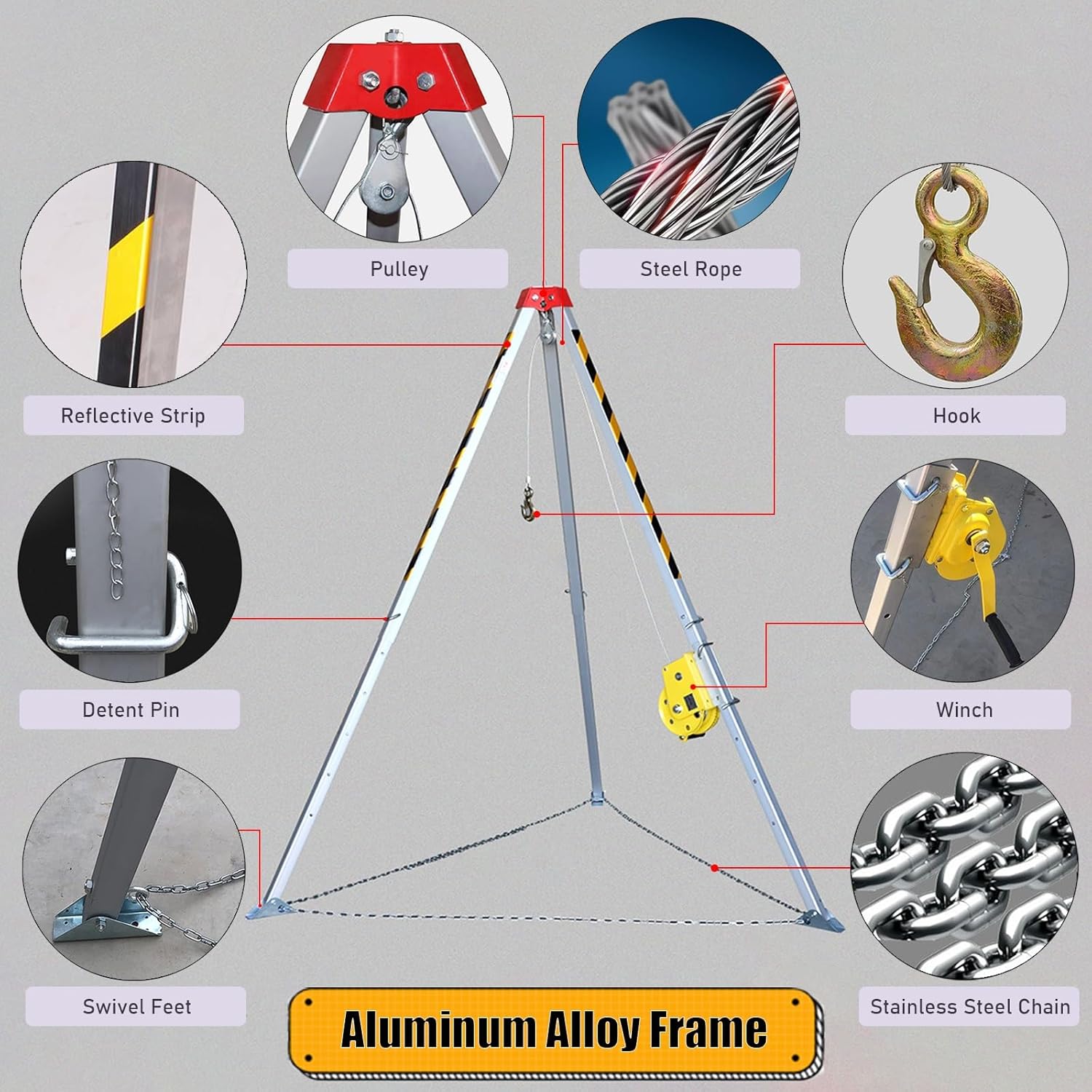 Emergency Tripod Rescue Kit for Confined Space Entry, Adjustable Height Lifting Equipment with Retractable Legs, Carry Bag & Safety Belt, 1200lbs Capacity (65' Winch)