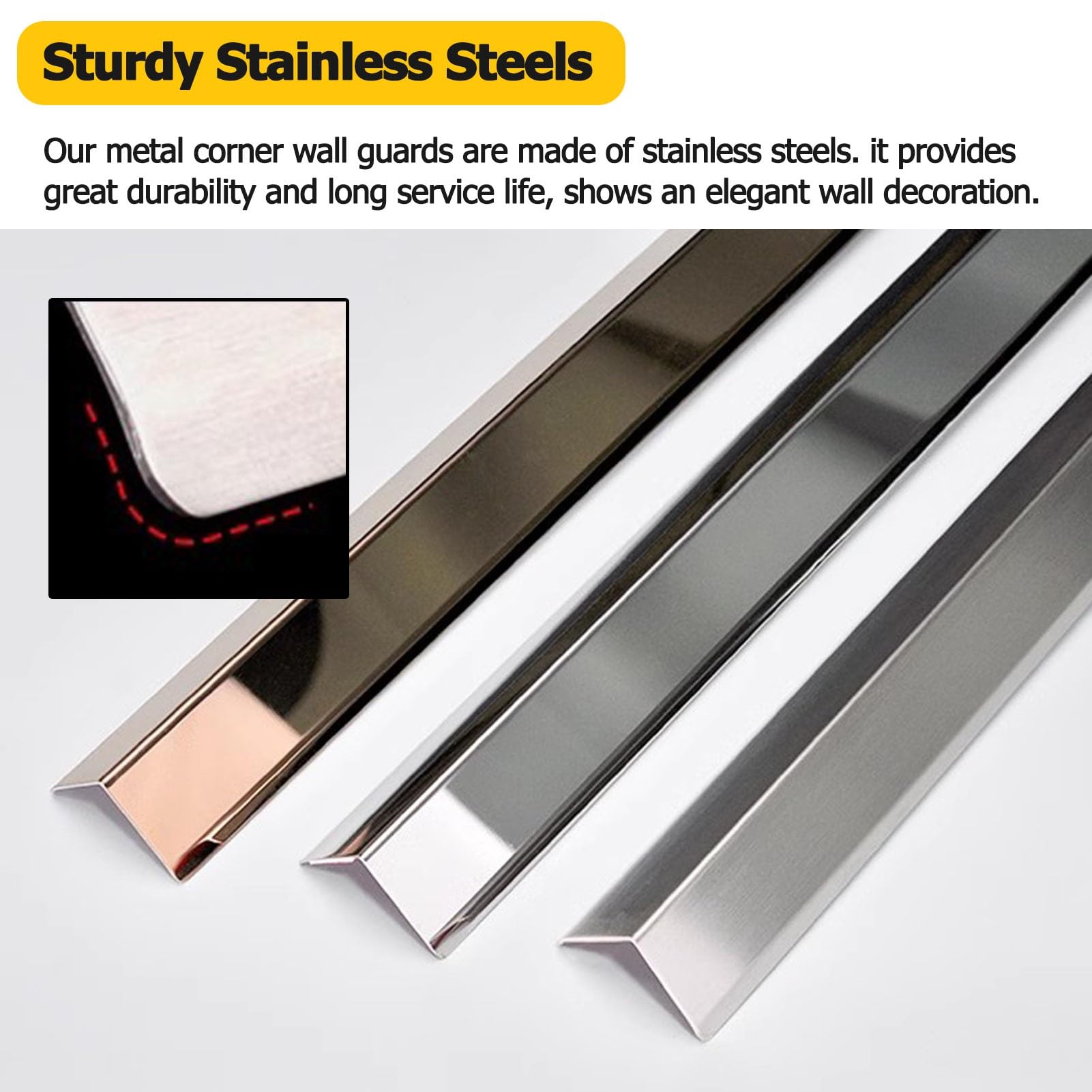 Protector de esquina de pared/escudo de esquina con cinta lateral, tira protectora de bordes de acero inoxidable en forma de L, tiras de seguridad antigolpes para hoteles Resta, negro 2 de longitud