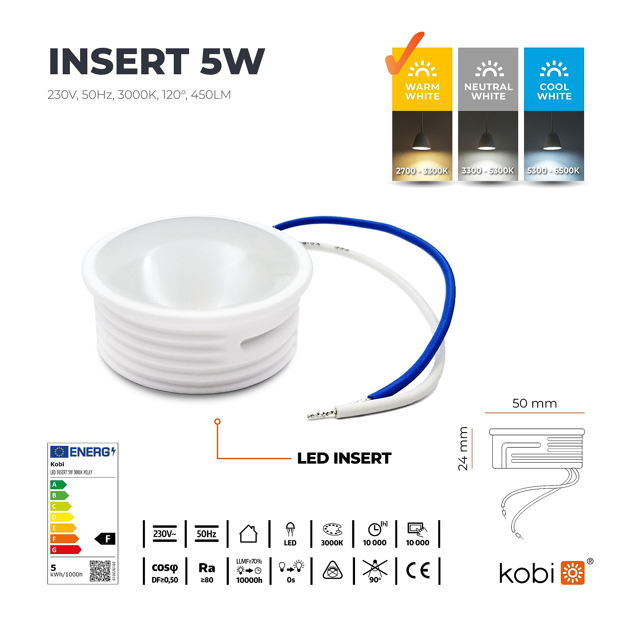 LED Insert Modul Flach 230V 5W Für Einbaustrahler MR16 Ersatz 50mm Einbauleuchten Rahmen Leuchtmittel Warmweiß 3000K 450lm