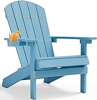YEFU Weatherproof HIPS Adirondack Chair with Cup Holder, Wood Texture Patio Lounge Chair for Lawn, Deck, Fire Pit - Blue, 350lb Capacity