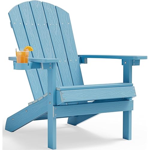 YEFU Adirondack Chair Weather Resistant: Outdoor Chair HIPS Plastic Adirondack Chairs - Patio Chairs with Cup Holder & Wood Texture - Lawn Fire Pit Deck Porch Garden Chairs for Adults (Blue)