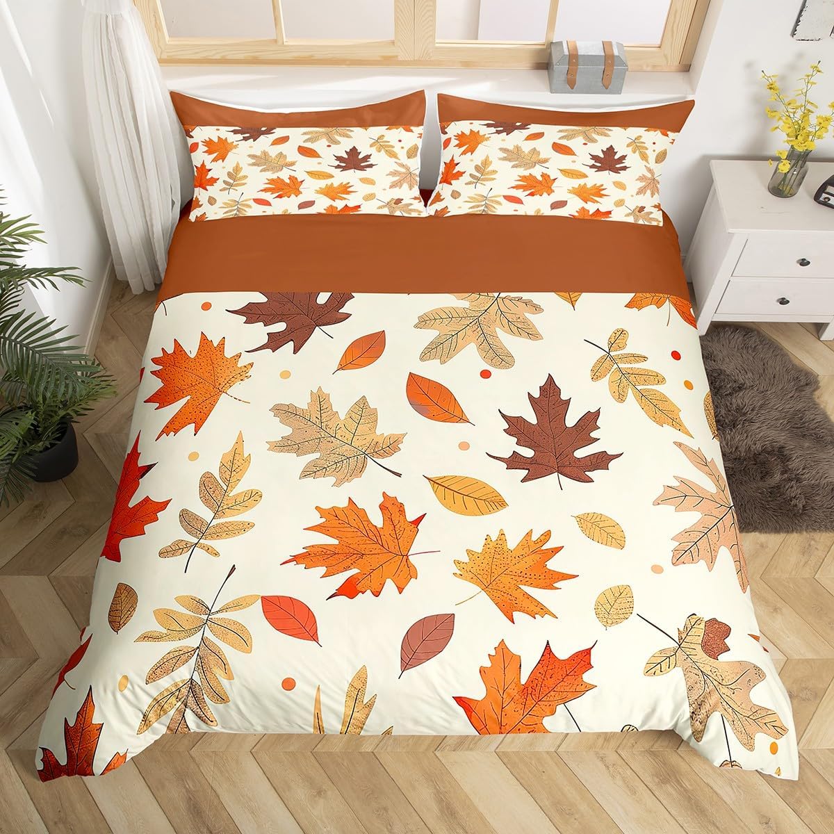 Manfei Fall Duvet Cover Set Queen Size, Autumn Theme Comforter Cover with 2 Pillowcases, Maple Leaves Print Bedding Set 3pcs for Kids Boys Girls Teens Bedroom Decor Fall Harvest Theme Bedspread Cover