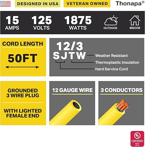 Miniatura 19 de SJTW - Cable de extensión iluminado para exteriores de 3 tomas de corriente, calibre 12, 15 amperios, cable de extensión de alimentación resistente