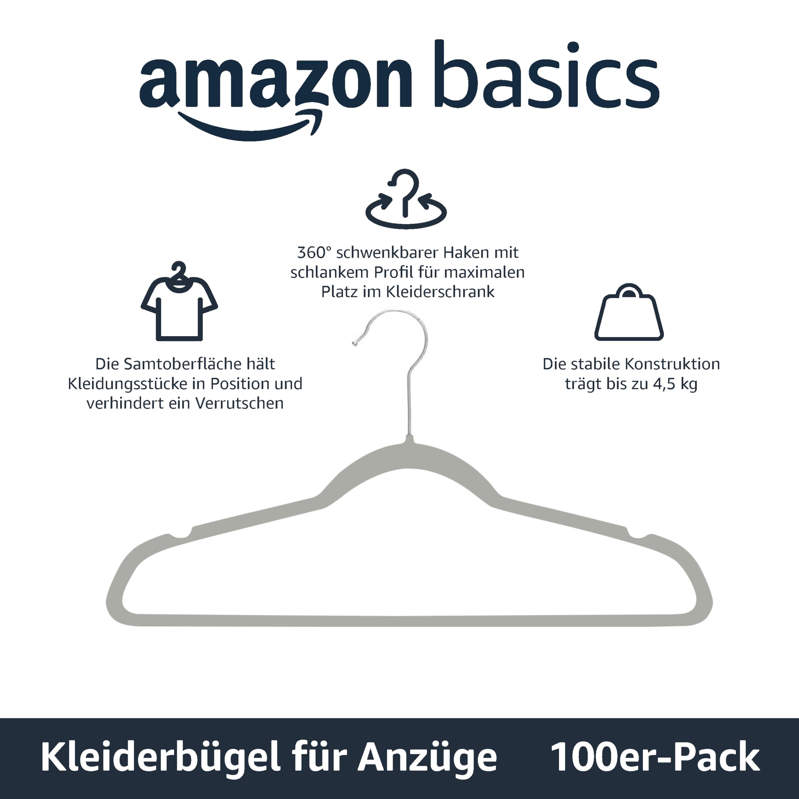 Amazon Basics Kleiderbügel für Anzug / Kostüm, mit Samt überzogen, 100er-Pack, Grau
