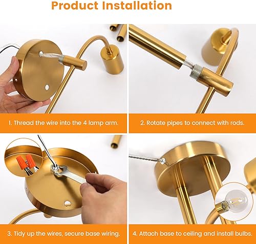 Vista 34 de DELIPOP Sputnik - Lámpara de techo Sputnik moderna de 4 luces negras y doradas, lámpara de techo E26 de metal industrial semiempotrada para Negro