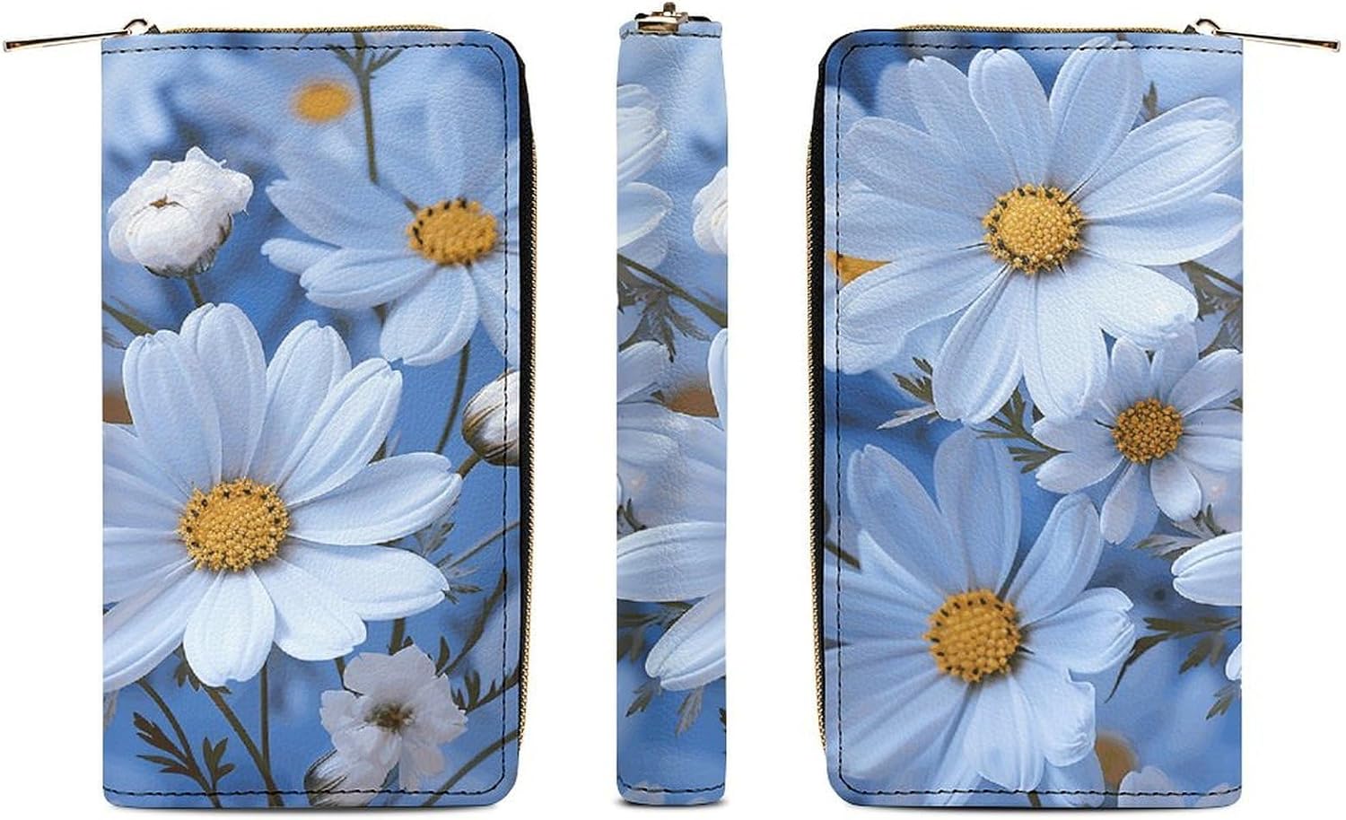 Leather Clutch Wallet with Zip, Hand Strap Daisy Blue Wallet Purses And Handbags for Women, Large Capacity