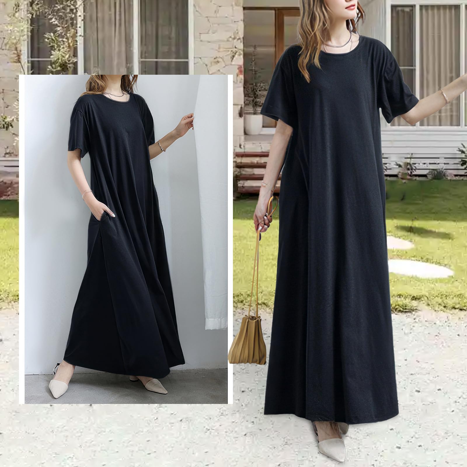 Qin Derdom Abiti Estivi Abiti Lunghi Maniche Corte Eleganti Abiti Sciolti Casual Girocollo Abiti Lunghi