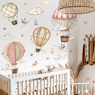 XXL Pegatinas GLOBO AEROSTÁTICO pared beige/rosa (120x100 cm) I vinilo adhesivo pared infantil globos estrellas I decoración habitación infantil niña niño muebles
