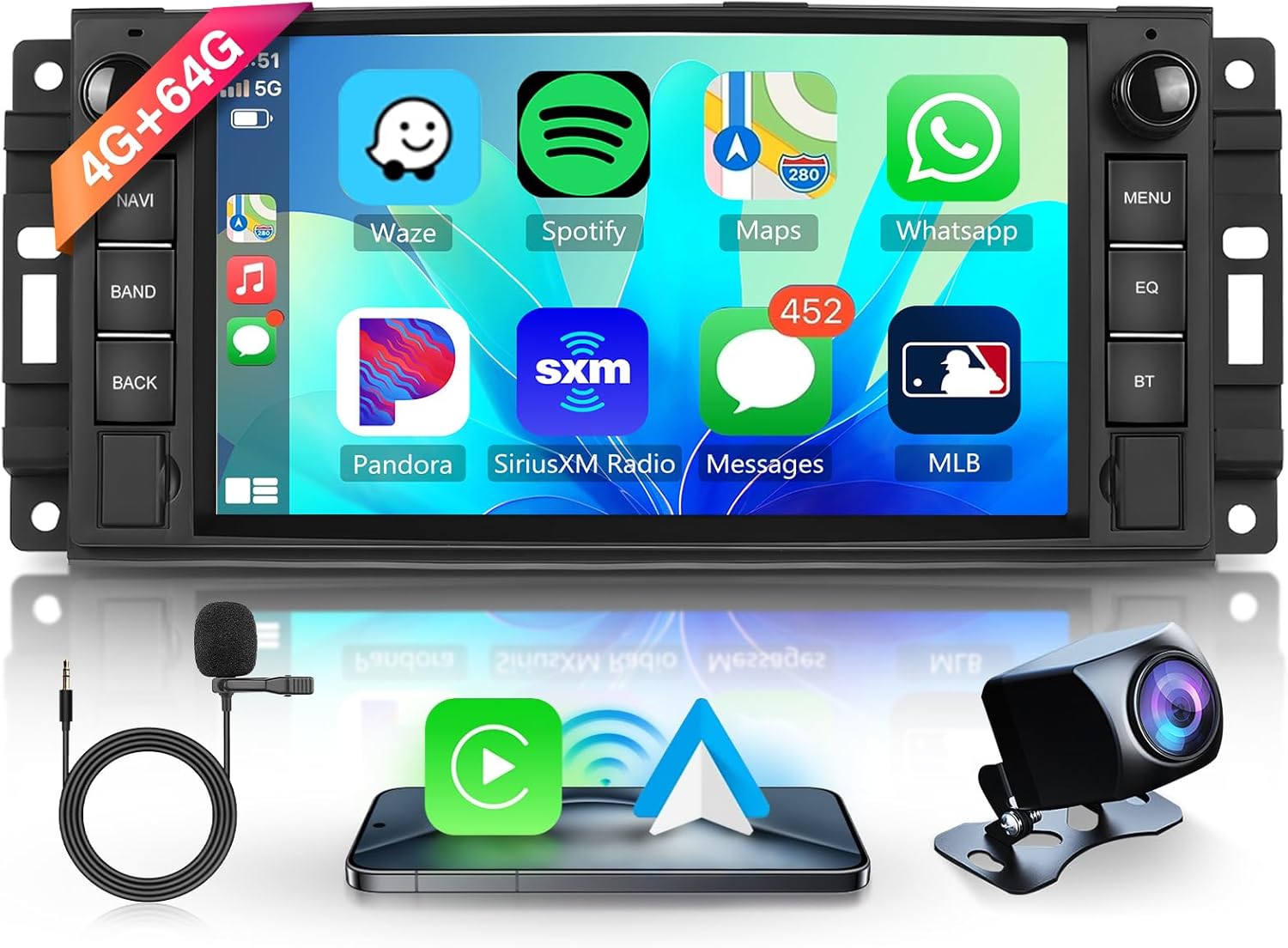 4G+64G Android Car Radio for Jeep Wrangler/Dodge Ram/Chrysler 300C Chevy Epica with Wireless CarPlay Android Auto, 7 Inch Car Radio with Bluetooth,GPS,WiFi, SWC Bluetooth,Camera