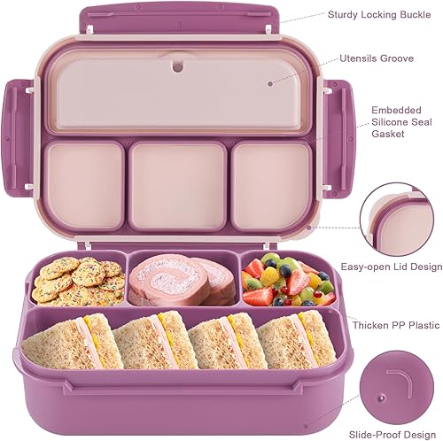 Vista 71 de Lonchera Bento para adultos, recipientes para niños y niñas con 4 compartimentos, contenedor de alimentos con utensilios, tarro de salsa, forros