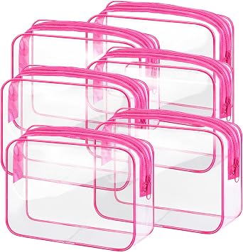 6 Pieces Clear Makeup Bags Bulk TSA Approved Toiletry Bag for Travel PVC Waterproof Clear Cosmetic Pouch with Zipper for Men and Women Carry-on Travel Essentials Rose Red