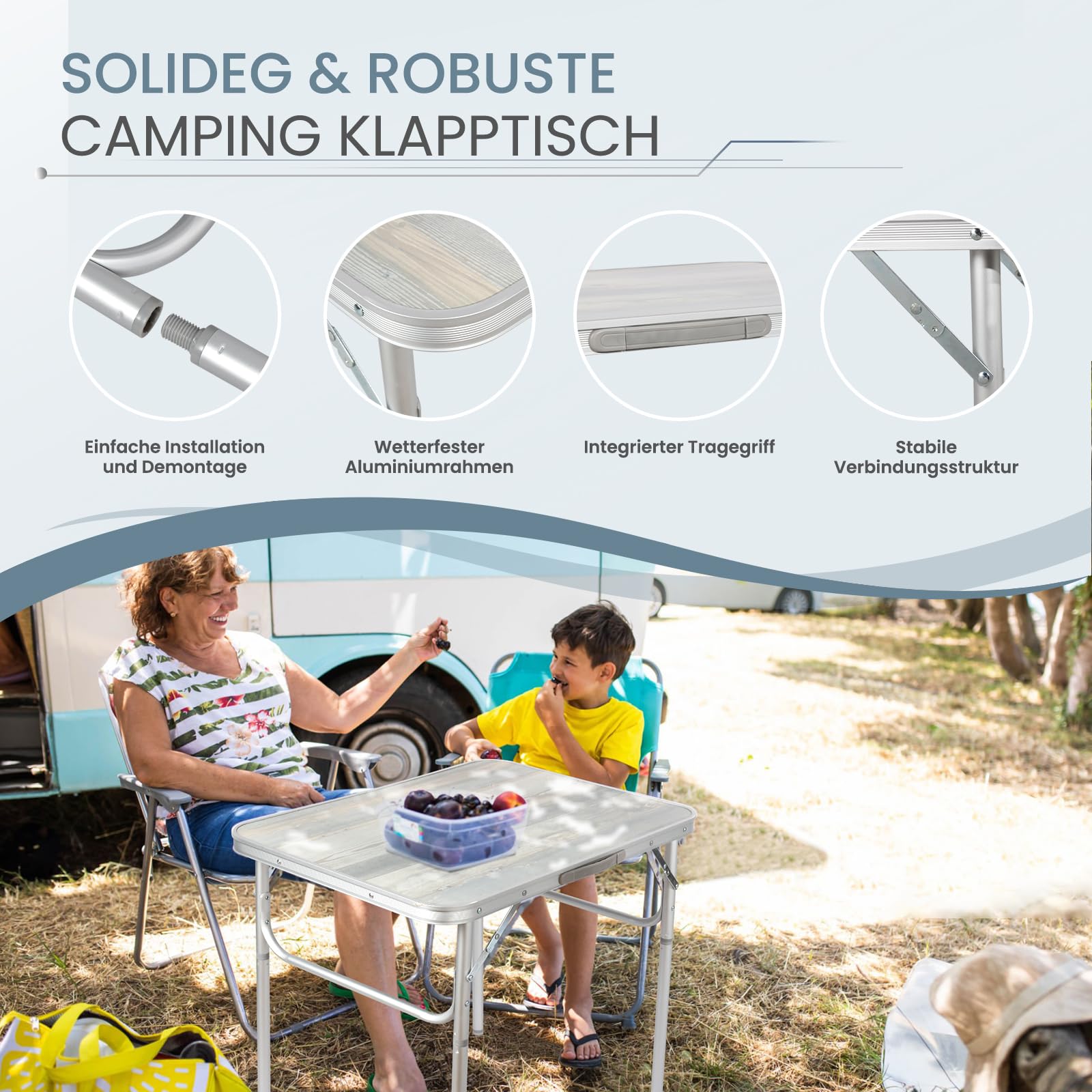 Homecall Campingtisch Klappbar 75 X 55 X 63/25 cm Klapptisch Höhenverstellbar Alu Campingtisch Faltbar MDF Tischplatte BIS 30 kg Camping Tisch Gartentisch für Garten, Picknick, Strand, Balkon, Küche