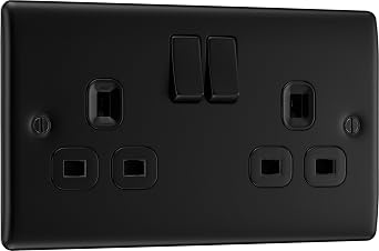 BG Electrical Double Switched Power Plug Wall Socket, Nexus Metal, Matt Black, 13A, NFB22B